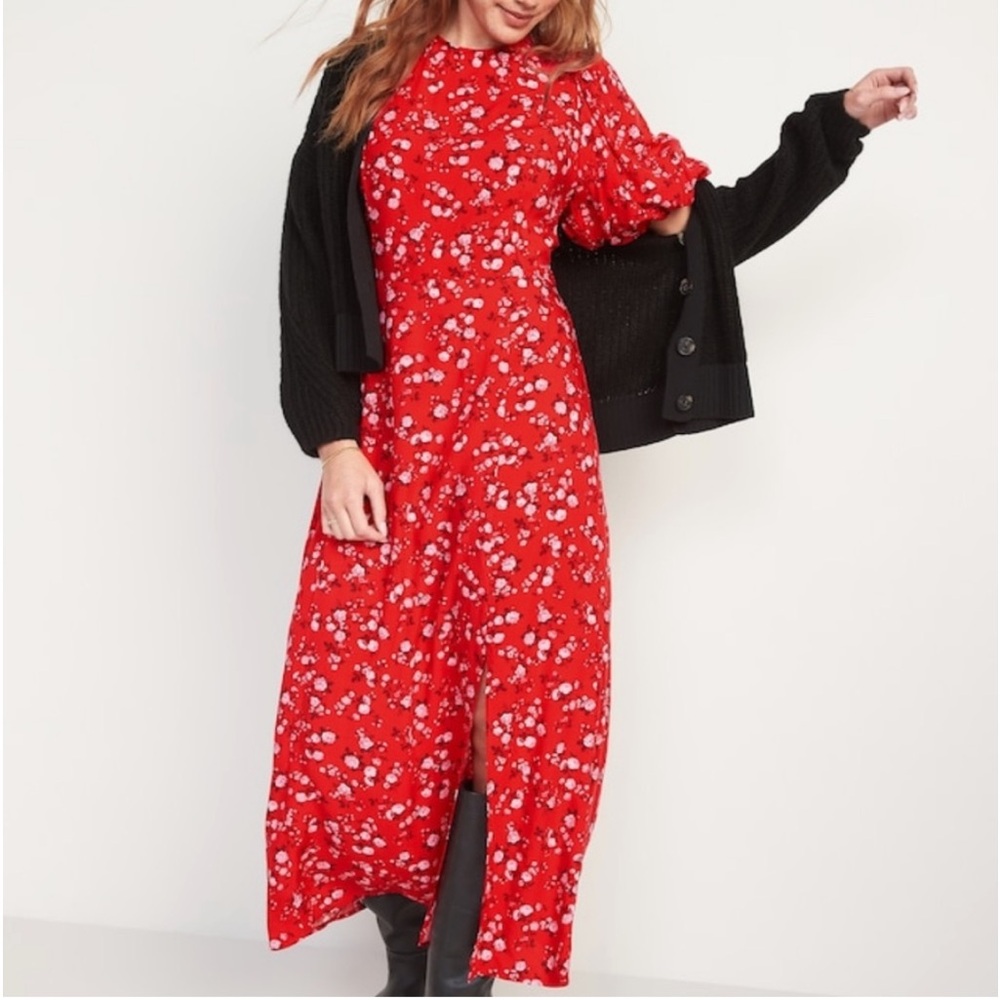 🆕 Old Navy Red Floral Puff Sleeve Shift Maxi Dress with Smocking Detail, Size M